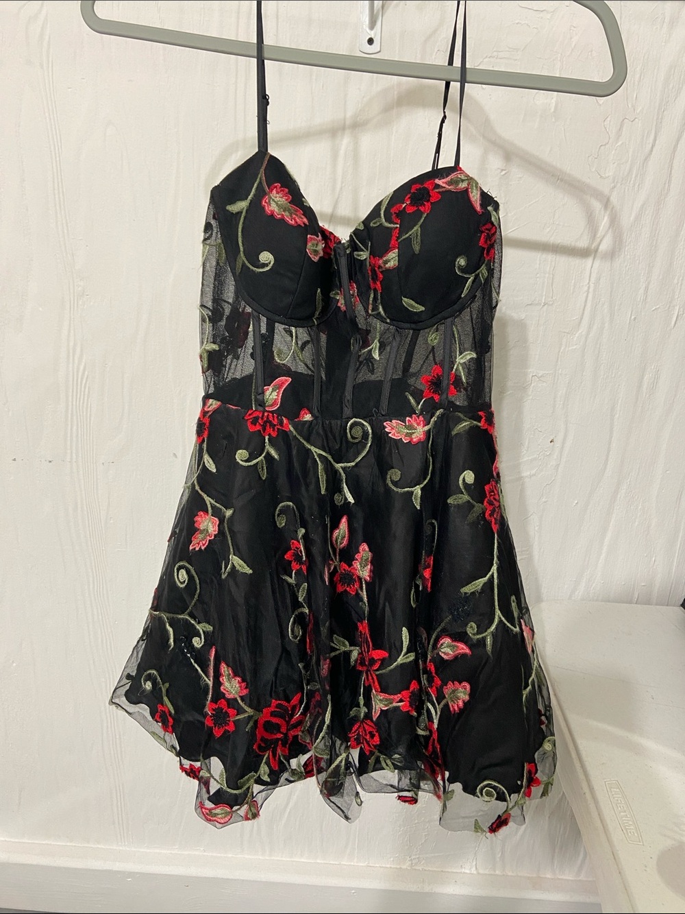 Windsor Black Mini Dress with Red & Green Floral Embroidery